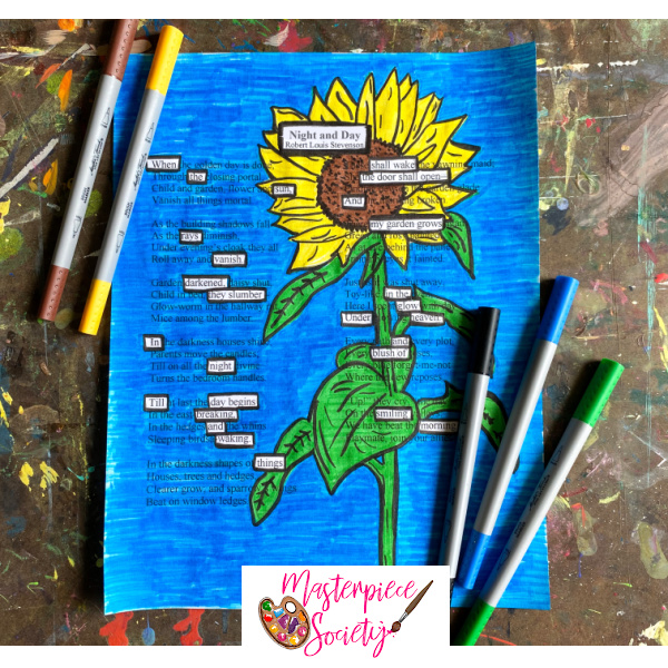 Picture of an example of Blackout Poetry, page is colored blue leaving some text and artist has drawn a sunflower