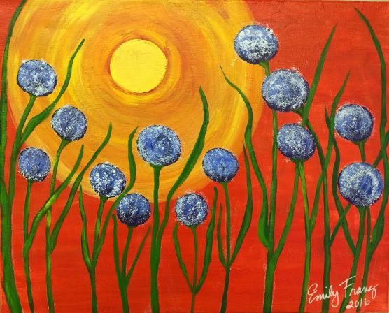 Blue flowers with a sun and orange background