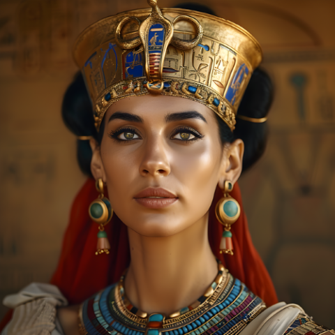  Egyptian Woman with gold and jeweled crown, earrings, and necklace