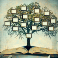 Painting of a family tree image growing from an open book