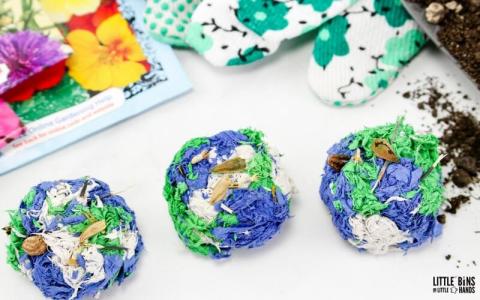 Picture of shredded blue and green paper and wildflower seeds to make a seed bomb to plant