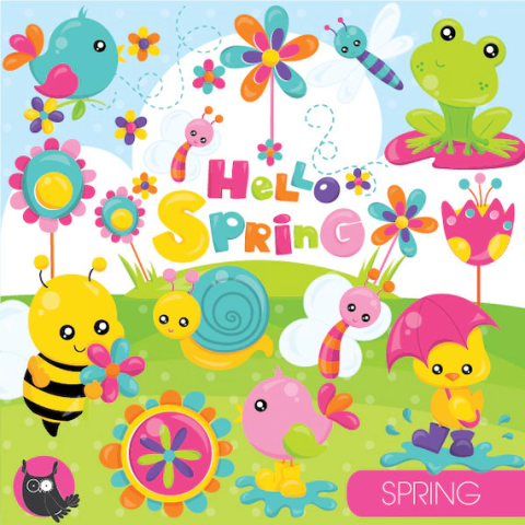 Picture of a colorful collage of spring animals like a bee, frog and butterfly