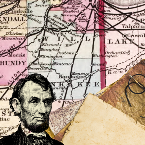 Will County map, bust of Abraham Lincoln, vintage documents