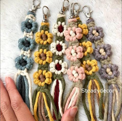 Macrame key chains in the shape of sunflowers in various colors