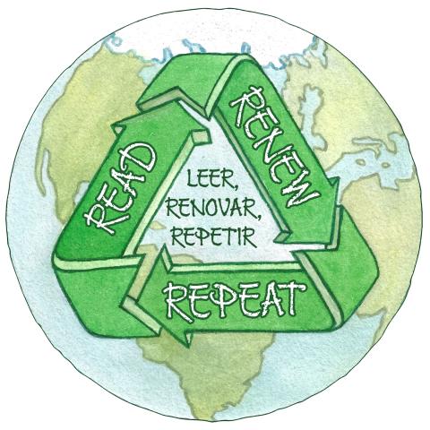 IRead summer read logo - green recyle symbol with words read, renew,repeat in english and spanish