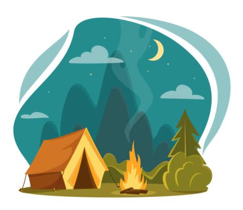 Picture of an animated campground at night with a tent and fire. 