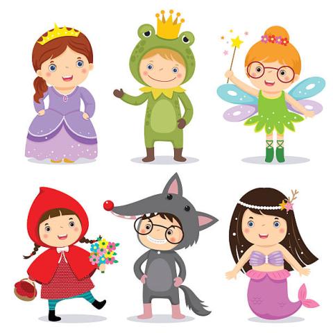 Animated picture of kids playing dress up from book characters like Little Red Riding Hood and Tinker Bell. 