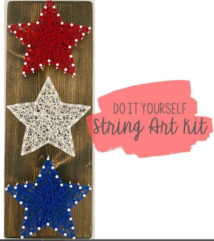 Red,white, and blue string art stars on wood background