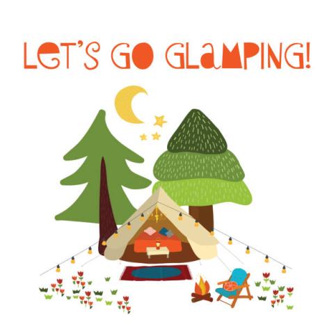 Picture of an animated tent and fairy lights that says "Let's Go Glamping!"