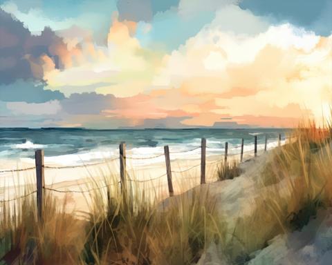 Beach scene with grasses and fence