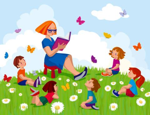 Animated picture of a librarian reading a story to children outdoors.