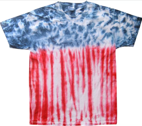 Image depicting a red, white, and blue tie-dye shirt. 