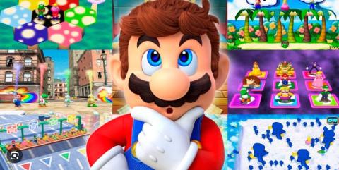 An image depicting Mario thinking about all the Mario Party mini games.