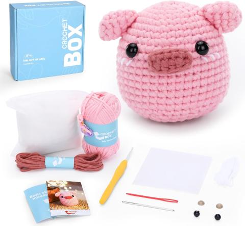 An image depicting an amigurumi crochet pig kit.