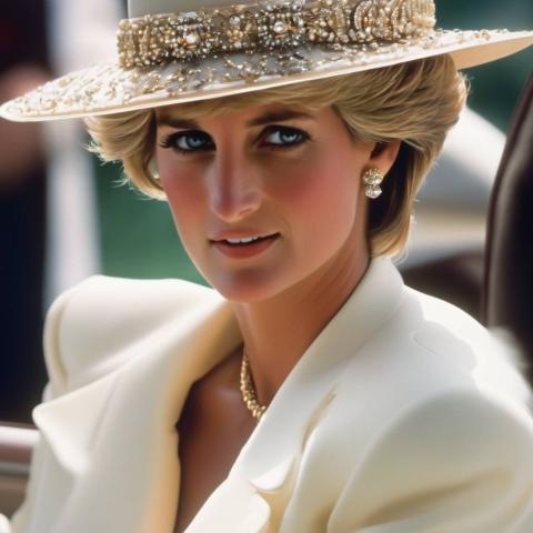 Princess Diana in a cream colored suit and hat with gem stones