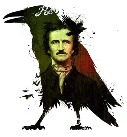 An abstract image depicting a raven and Edgar Allan Poe.