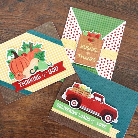 3 cards with different fall colors and designs