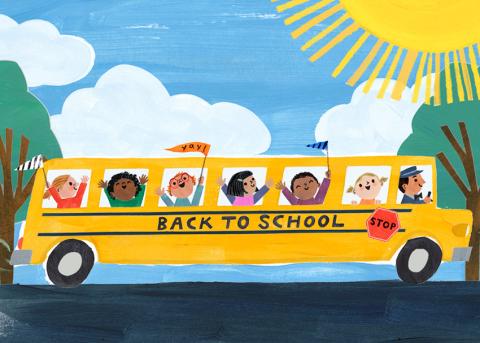 Animated picture of children riding a school bus "Back to School"