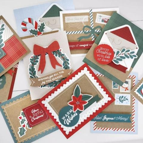 Red, green, and tan greeting cards