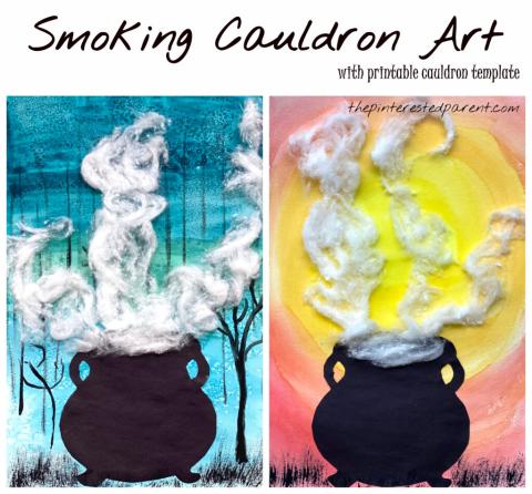 picture of painted canvas with cauldron silhouette and cotton smoke