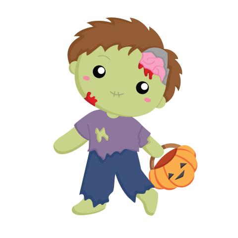 Picture of a Zombie cartoon boy with an orange jack o lantern basket