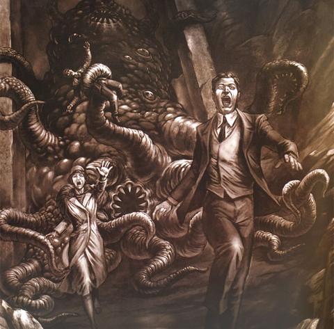 A depiction of a monstrosity chasing a woman and a man from Call of Cthulhu.