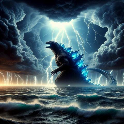 Godzilla in a dark background with clouds, lightning, and water