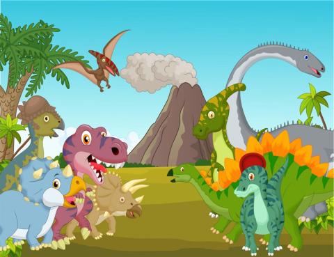 group of cartoon dinosaurs with volcano in background