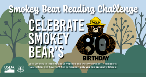 Picture of "Smokey the Bear Reading Challenge" banner to "Celebrate Smokey Bear's 80th Birthday"