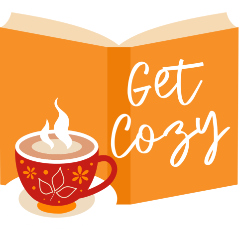 Get Cozy lettering with open yellow-colored book and a red cup filled with steaming cocoa