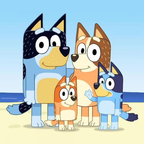 Picture of the Bluey, Bingo, Bandit and Chili from the "Bluey" show.