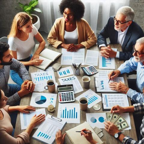 People sitting around a table with papers and adding machines