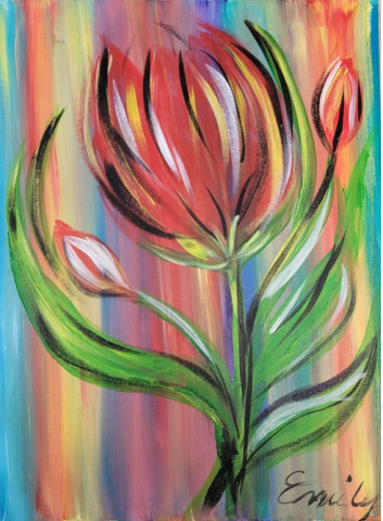 red tulip painting with colorful background