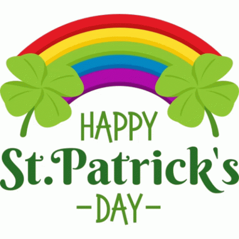 Picture of a rainbow, two shamrocks and the words "Happy St. Patrick's Day" 