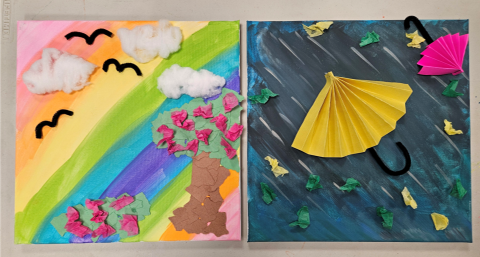 two paintings, one rainbow themed spring time, one rainy spring day