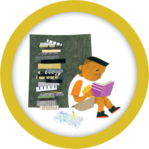 Person sitting against a book shelf reading a book