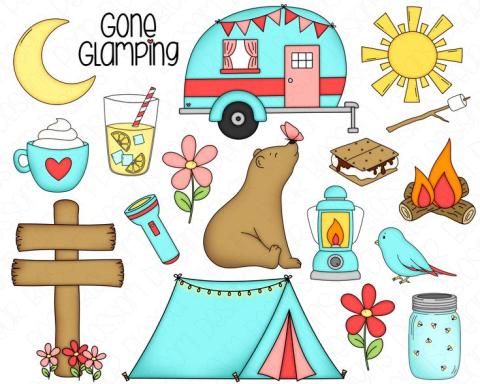 Picture says Gone Glamping with cartoon campsite images 