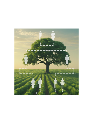 Abundant tree growing in a field. Overlay of a simple family tree graphic.