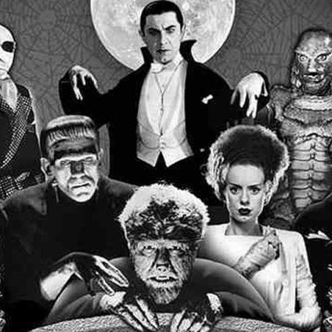 Black and White photo of the Wolfman,Frankenstein, Dracula and other monsters