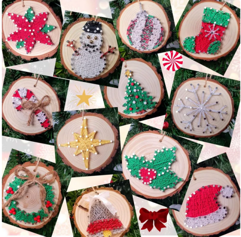Holiday colored ornaments on round wood made with string art