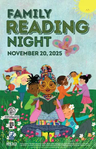 Picture of the Family Reading Night 2025 Illinois logo, with a woman surrounded by children reading a story in a field. 
