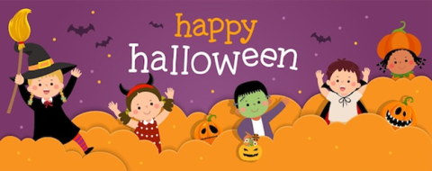 Picture of a banner with orange pumpkins that says Happy Halloween and has kids dressed up in costumes like a witch and Frankenstein. 