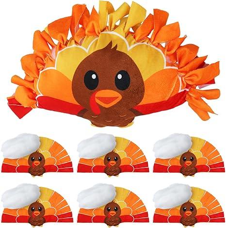 Picture of a turkey tie pillow craft with red, orange and yellow fabric 