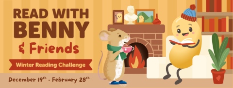Picture of the Winter Reading Challenge Banner with a mouse and Benny the Beanstack Bean reading in front of a fire place