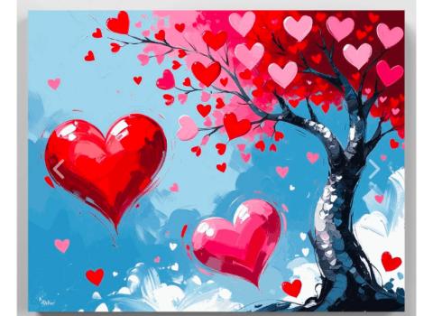 Blue sky with a black tree trunk and the tree has heart as leaves