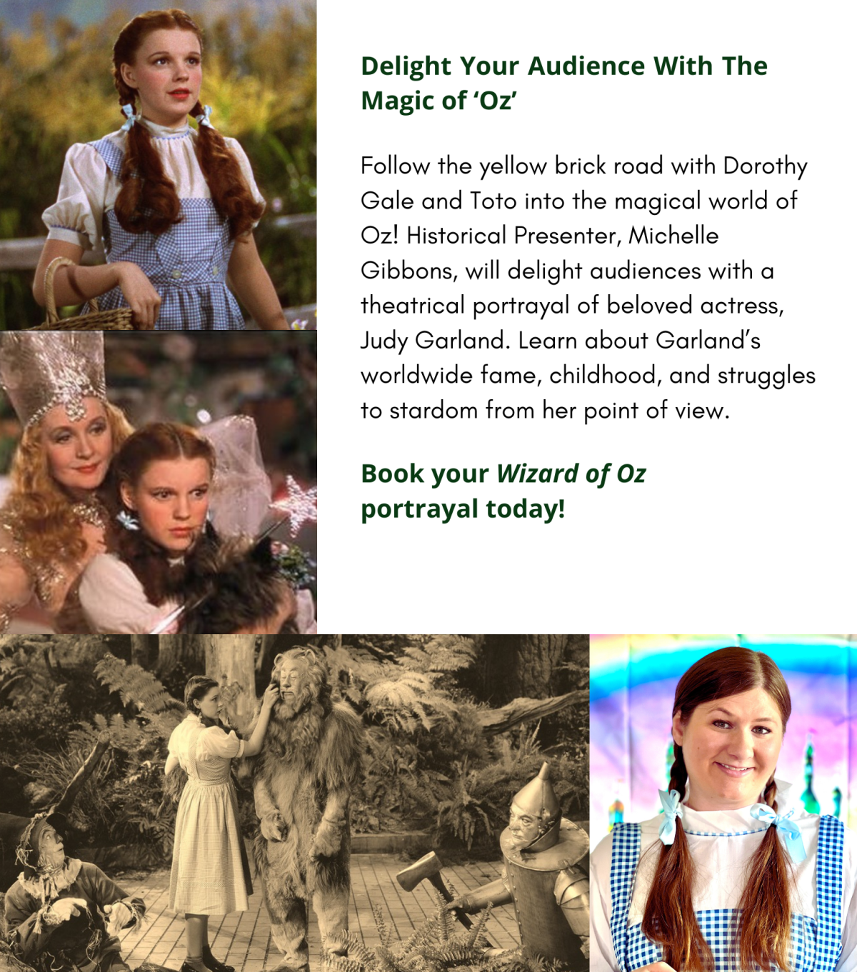 Four pictures of Judy Garland in the Wizard of Oz