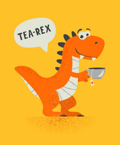 Picture of an orange dinosaur holding a tea cup for a TEA-Rex Party