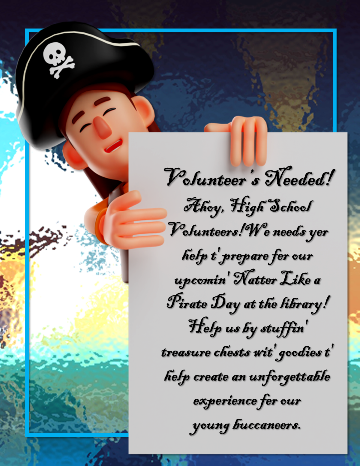 An image depicting a pirate holding a sign asking for volunteer help.