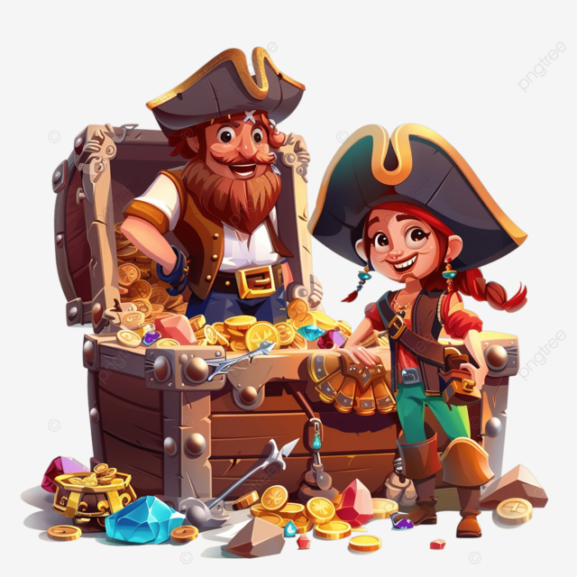 Depiction of a male and female pirate near a treasure chest.