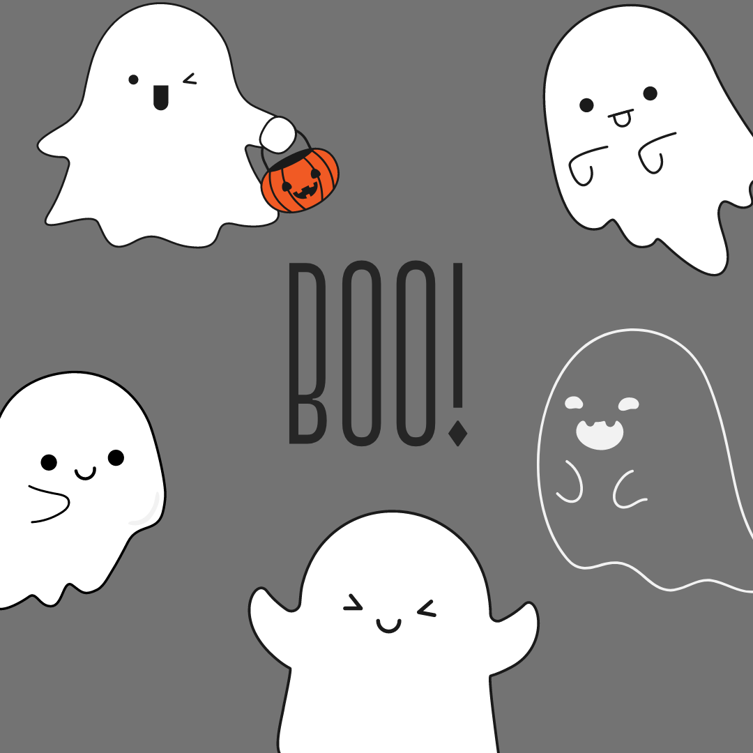 picture of happy ghosts with BOO! in center